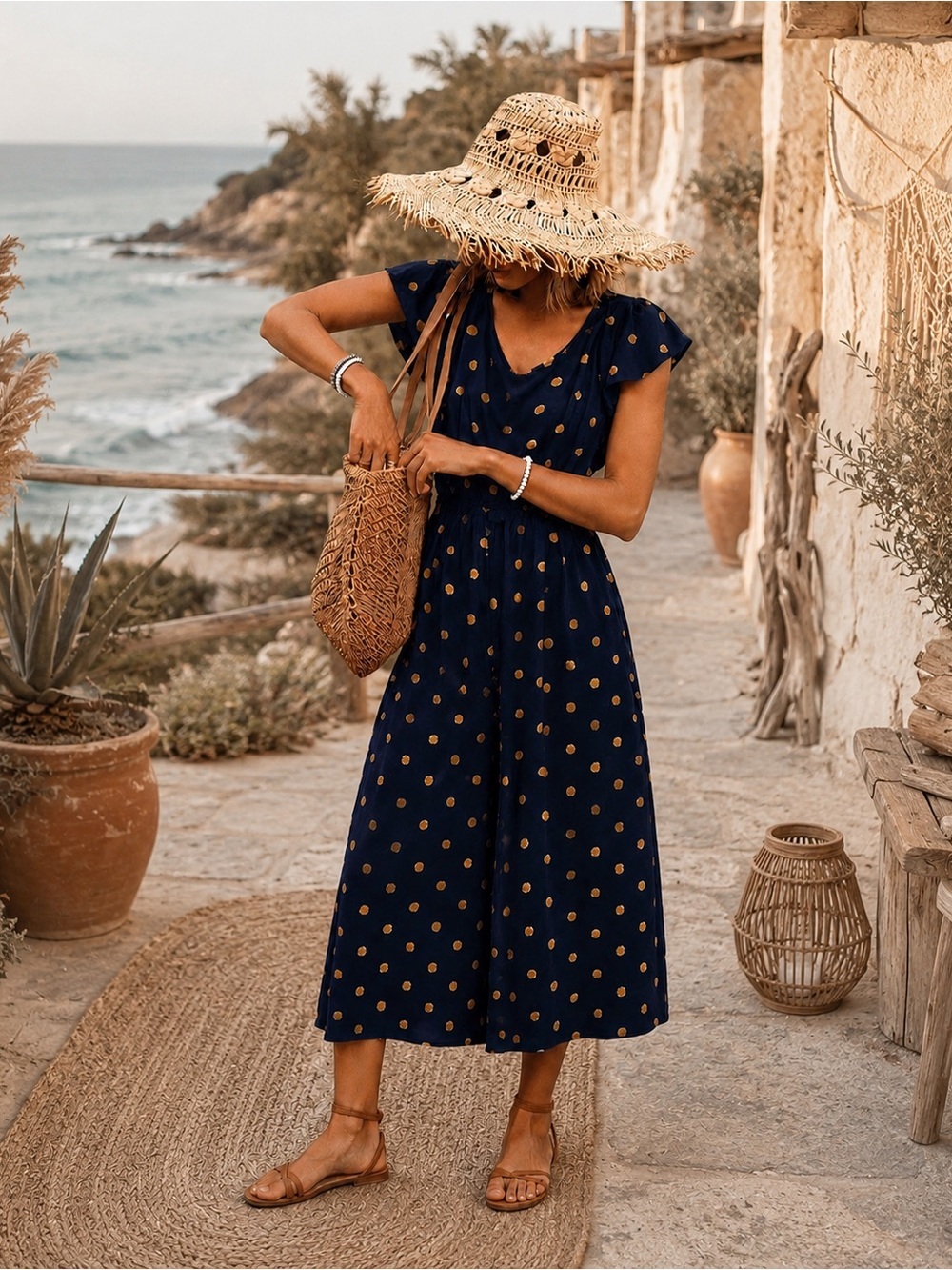 Navy Polka Dot Midi Jumpsuit with Mustard Dots ptp 19” l 51”
